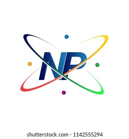initial letter NP logotype science icon colored blue, red, green and yellow swoosh design. vector logo for business and company identity.
