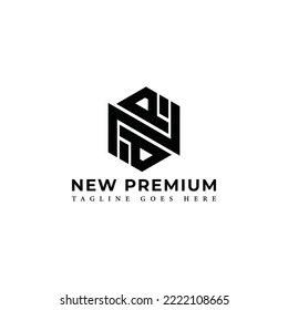 Initial letter NP, minimalist line art monogram hexagon shape logo, white color on black background