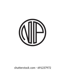 Initial letter NP, minimalist line art monogram circle logo, black color