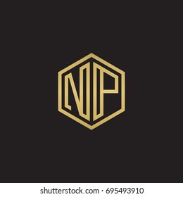 Initial letter NP, minimalist line art hexagon logo, gold color on black background