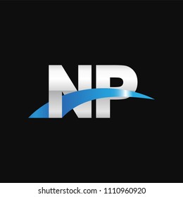 Initial letter NP, overlapping movement swoosh logo, metal silver blue color on black background