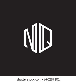 Initial letter NQ, minimalist line art monogram hexagon shape logo, white color on black background