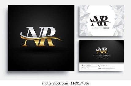 initial letter NR logotype company name colored gold and silver swoosh design. Vector sets for business identity on white background.