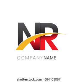 initial letter NR logotype company name colored red, black and yellow swoosh design. isolated on white background.

