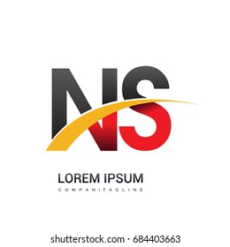 initial letter NS logotype company name colored red, black and yellow swoosh design. isolated on white background.
