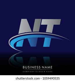 initial letter NT logotype company name colored blue and grey swoosh design. vector logo for business and company identity.