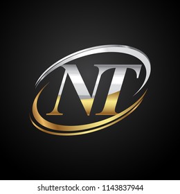 initial letter NT logotype company name colored gold and silver swoosh design. isolated on black background.