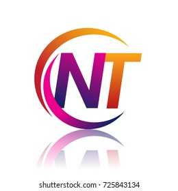 initial letter NT logotype company name orange and magenta color on circle and swoosh design. vector logo for business and company identity.