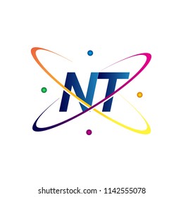 initial letter NT logotype science icon colored blue, red, green and yellow swoosh design. vector logo for business and company identity.
