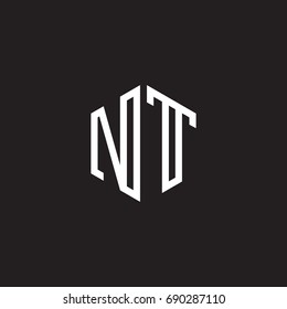 Initial letter NT, minimalist line art monogram hexagon shape logo, white color on black background