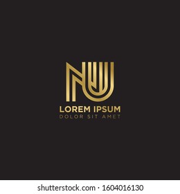 Initial Letter NU linked uppercase overlap modern gold logo vector design template. Suitable for business, consulting group company.