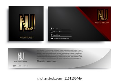 initial letter NU logotype company name colored gold elegant design. Vector sets for business identity on black background.