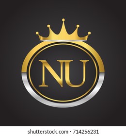 initial letter NU logotype company name with oval shape and crown, gold and silver color. vector logo for business and company identity.