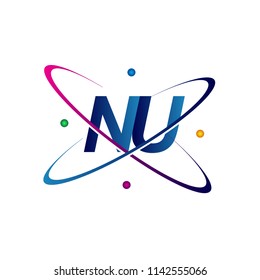 initial letter NU logotype science icon colored blue, red, green and yellow swoosh design. vector logo for business and company identity.
