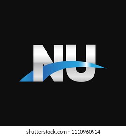 Initial letter NU, overlapping movement swoosh logo, metal silver blue color on black background