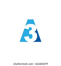 Initial letter and number logo, A and 3, A3, 3A, negative space flat blue