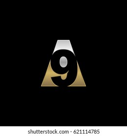 Initial letter and number logo, A and 9, A9, 9A, negative space silver gold