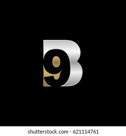 Initial letter and number logo, B and 9, B9, 9B, negative space silver gold
