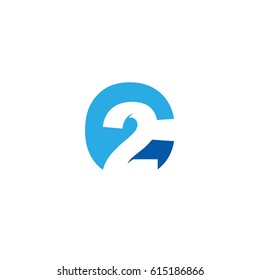 Initial letter and number logo, C and 2, C2, 2C, negative space blue