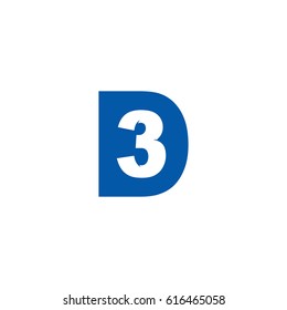 Initial letter and number logo, D and 3, 3D, D3, negative space flat blue