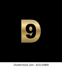 Initial letter and number logo, D and 9, 9D, D9, negative space gold