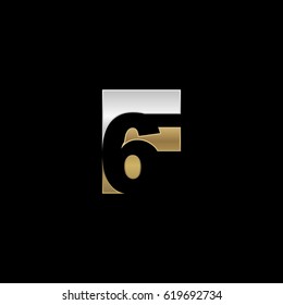 Initial letter and number logo, F and 6, F6, 6F, negative space silver gold