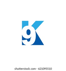 Initial letter and number logo, K and 9, K9, 9K, negative space flat blue