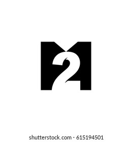 Initial letter and number logo, M and 2, M2, 2M, black negative space