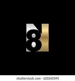 Initial letter and number logo, N and 8, N8, 8N, negative space silver gold