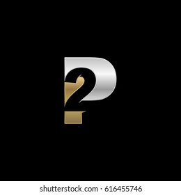 Initial letter and number logo, P and 2, P2, 2P, negative space silver gold