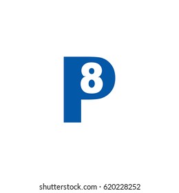 Initial letter and number logo, P and 8, P8, 8P, negative space flat blue