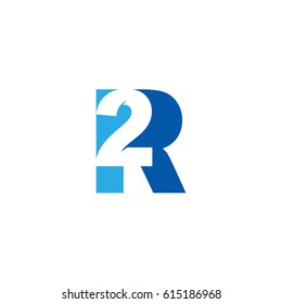 Initial letter and number logo, R and 2, R2, 2R, negative space blue