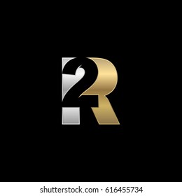 Initial letter and number logo, R and 2, R2, 2R, negative space silver gold