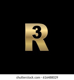 Initial letter and number logo, R and 3, R3, 3R, negative space gold