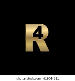 Initial letter and number logo, R and 4, R4, 4R, negative space gold