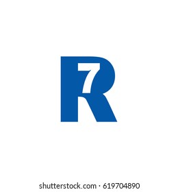 Initial letter and number logo, R and 7, 7R, R7, negative space flat blue