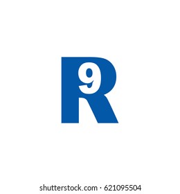 Initial letter and number logo, R and 9, R9, 9R, negative space flat blue