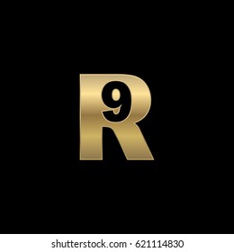 Initial letter and number logo, R and 9, R9, 9R, negative space gold