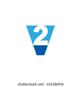 Initial letter and number logo, V and 2, V2, 2V, negative space blue