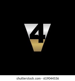 Initial letter and number logo, V and 4, V4, 4V, negative space silver gold