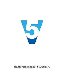 Initial letter and number logo, V and 5, 5V, V5, negative space flat blue