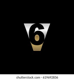 Initial letter and number logo, V and 6, V6, 6V, negative space silver gold