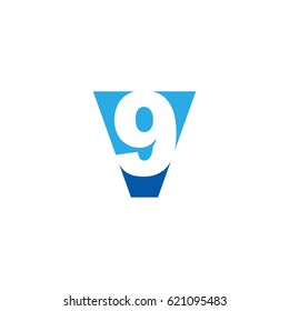Initial letter and number logo, V and 9, V9, 9V, negative space flat blue