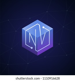 Initial letter NV, block chain, looping mono line circuit letter on hexagon cube logo, blue magenta gradient color on black blue network background