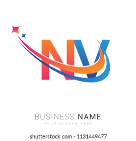 initial letter NV logotype company name colored orange, red and blue swoosh star design. vector logo for business and company identity.
