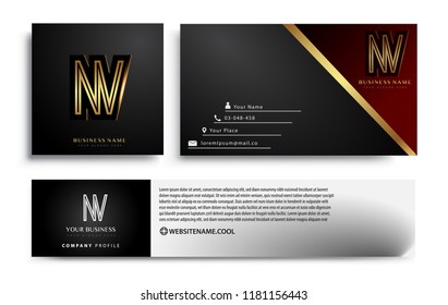 initial letter NV logotype company name colored gold elegant design. Vector sets for business identity on black background.