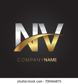 initial letter NV logotype company name colored gold and silver swoosh design. isolated on black background.