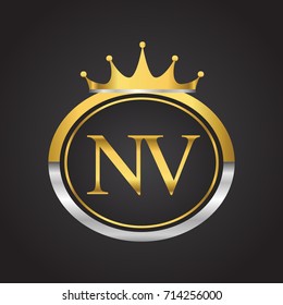 initial letter NV logotype company name with oval shape and crown, gold and silver color. vector logo for business and company identity.