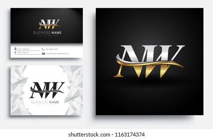 initial letter NW logotype company name colored gold and silver swoosh design. Vector sets for business identity on white background.