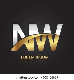 initial letter NW logotype company name colored gold and silver swoosh design. isolated on black background.